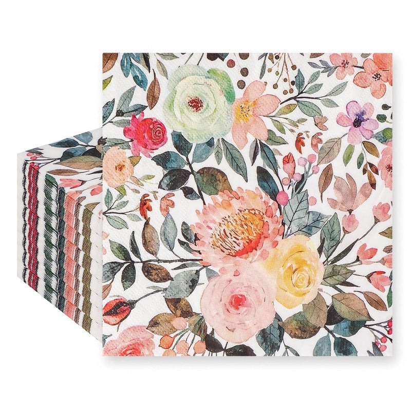 200Pcs Floral Paper Napkin Disposable Watercolor Rose Flower Paper Napkin Decorative Dessert Dinner Hand Towels for Bathroom Wedding Baby Shower Birthday Party65 65 inch